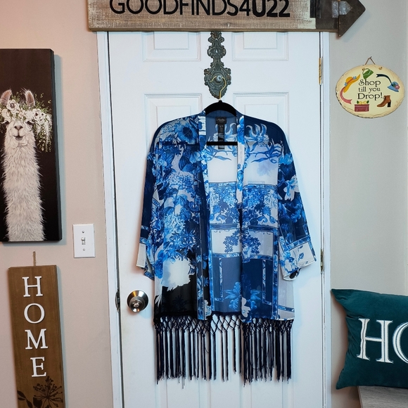 Chico's Travelers S/M Multicolor Floral Oriental Kimono Fringe Open Cardigan - Picture 1 of 7